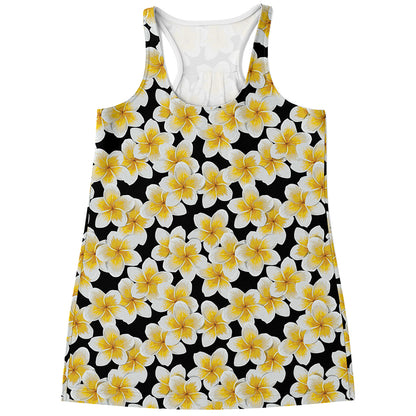 White And Black Frangipani Pattern Print Women's Racerback Tank Top