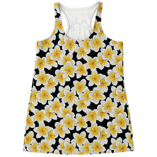 White And Black Frangipani Pattern Print Women's Racerback Tank Top