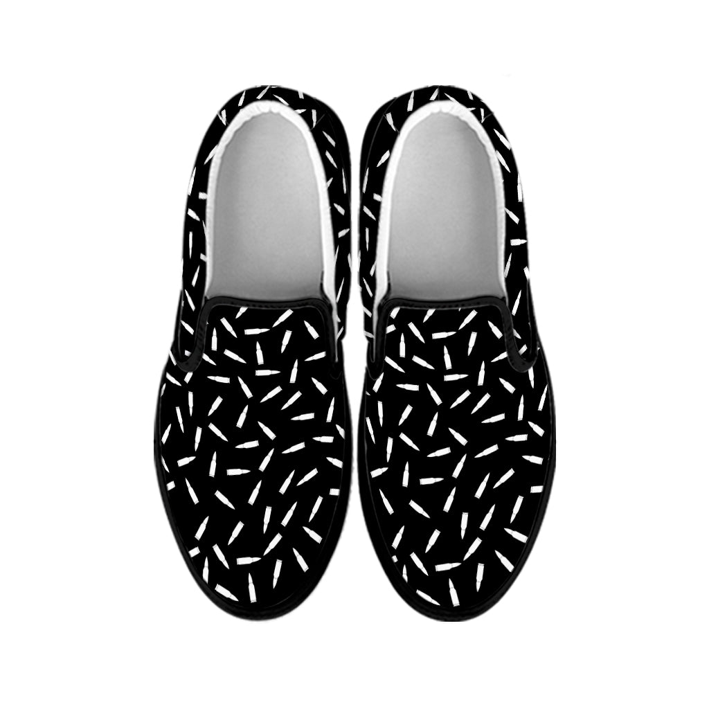 White And Black Gun Bullet Pattern Print Black Slip On Shoes