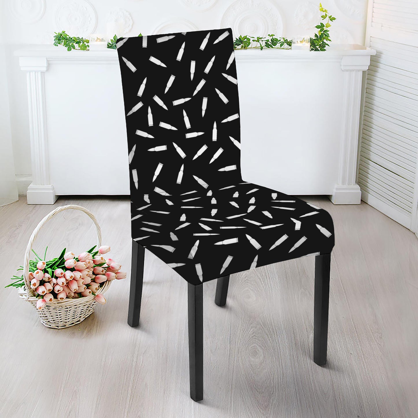 White And Black Gun Bullet Pattern Print Dining Chair Slipcover