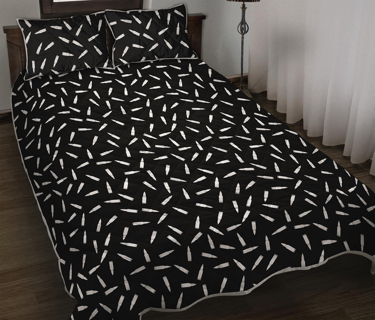 White And Black Gun Bullet Pattern Print Quilt Bed Set