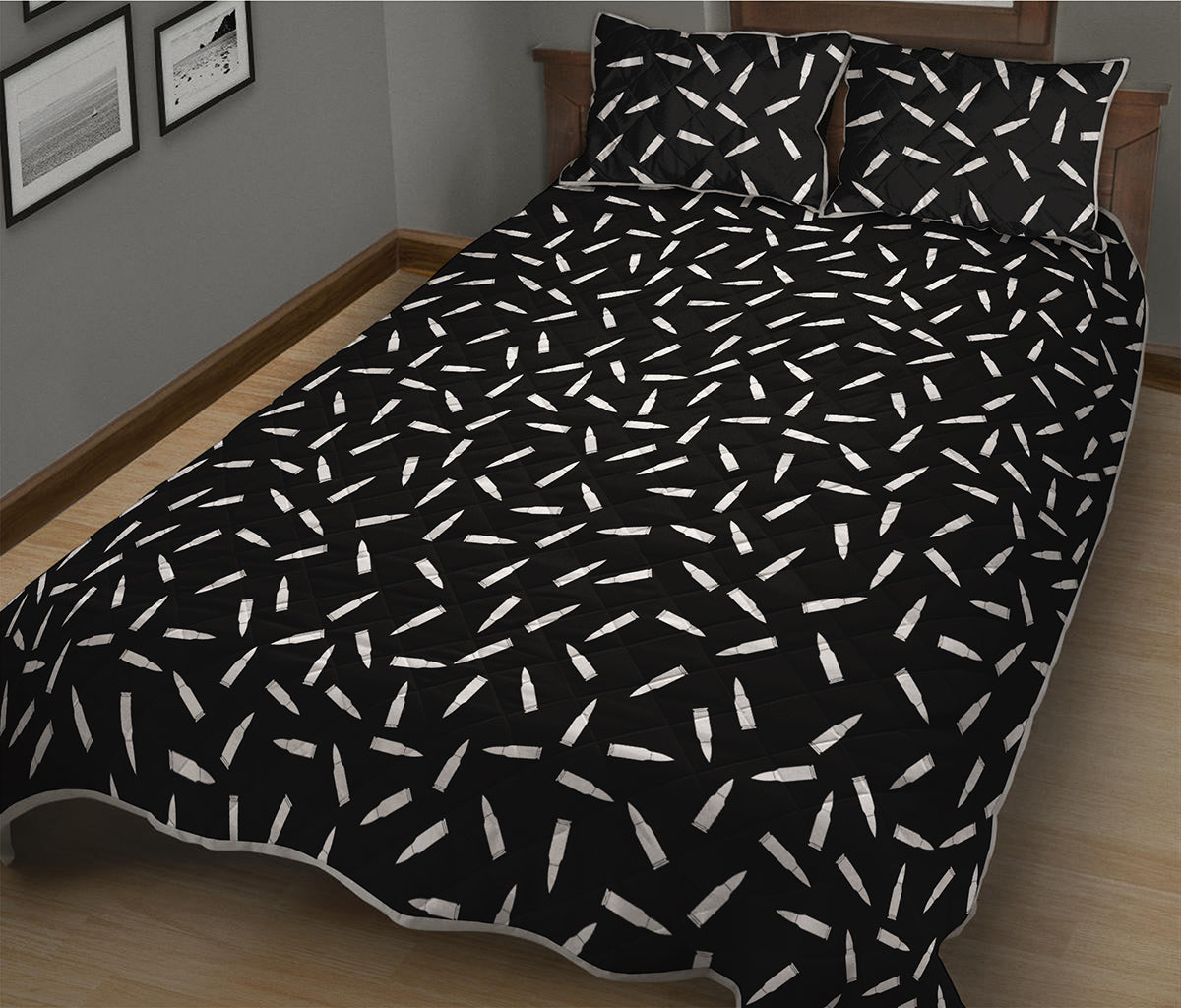 White And Black Gun Bullet Pattern Print Quilt Bed Set