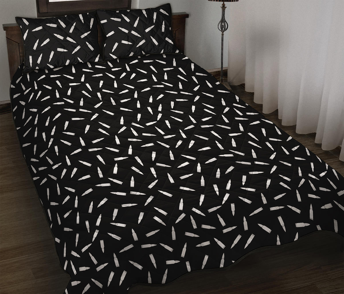 White And Black Gun Bullet Pattern Print Quilt Bed Set