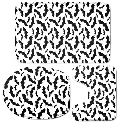 White And Black Halloween Bat Print 3 Piece Bath Mat Set