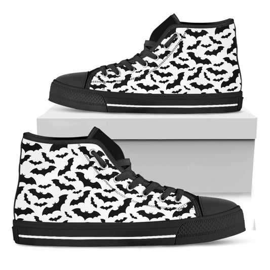 White And Black Halloween Bat Print Black High Top Shoes