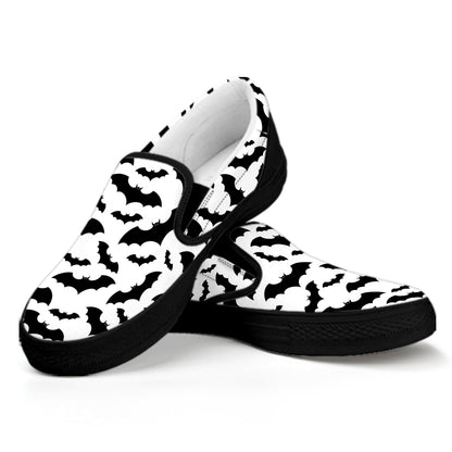 White And Black Halloween Bat Print Black Slip On Shoes