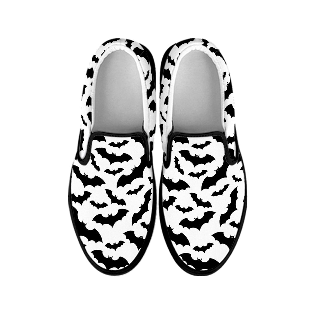 White And Black Halloween Bat Print Black Slip On Shoes