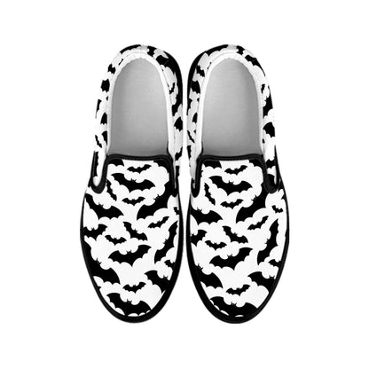 White And Black Halloween Bat Print Black Slip On Shoes
