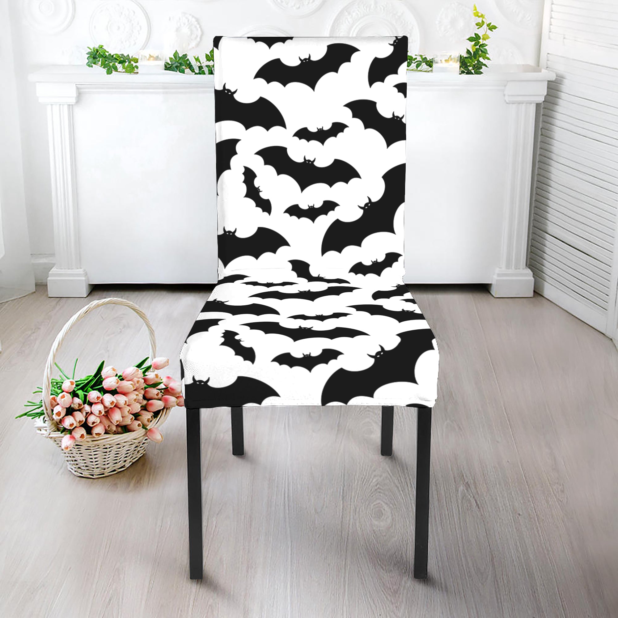 White And Black Halloween Bat Print Dining Chair Slipcover