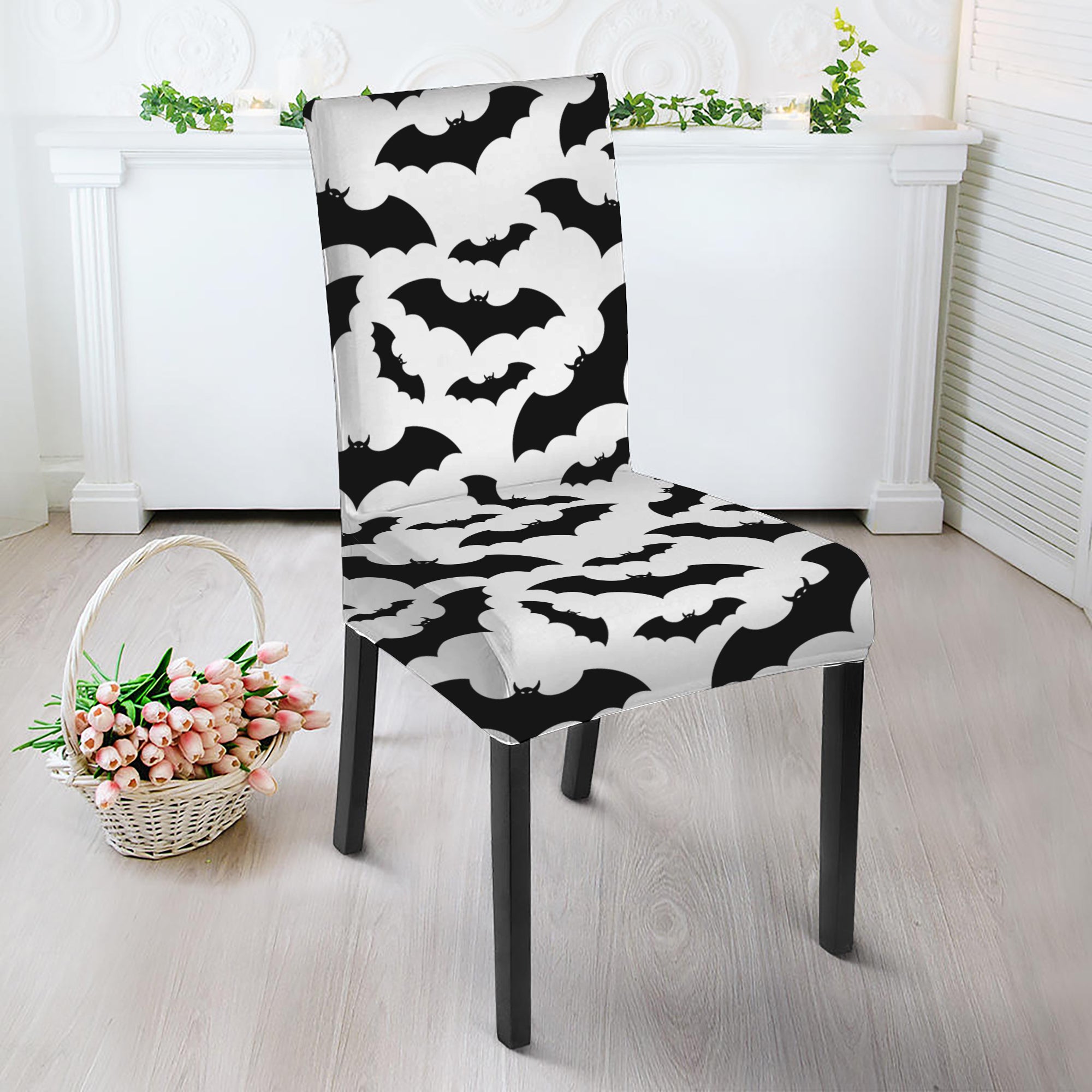 White And Black Halloween Bat Print Dining Chair Slipcover