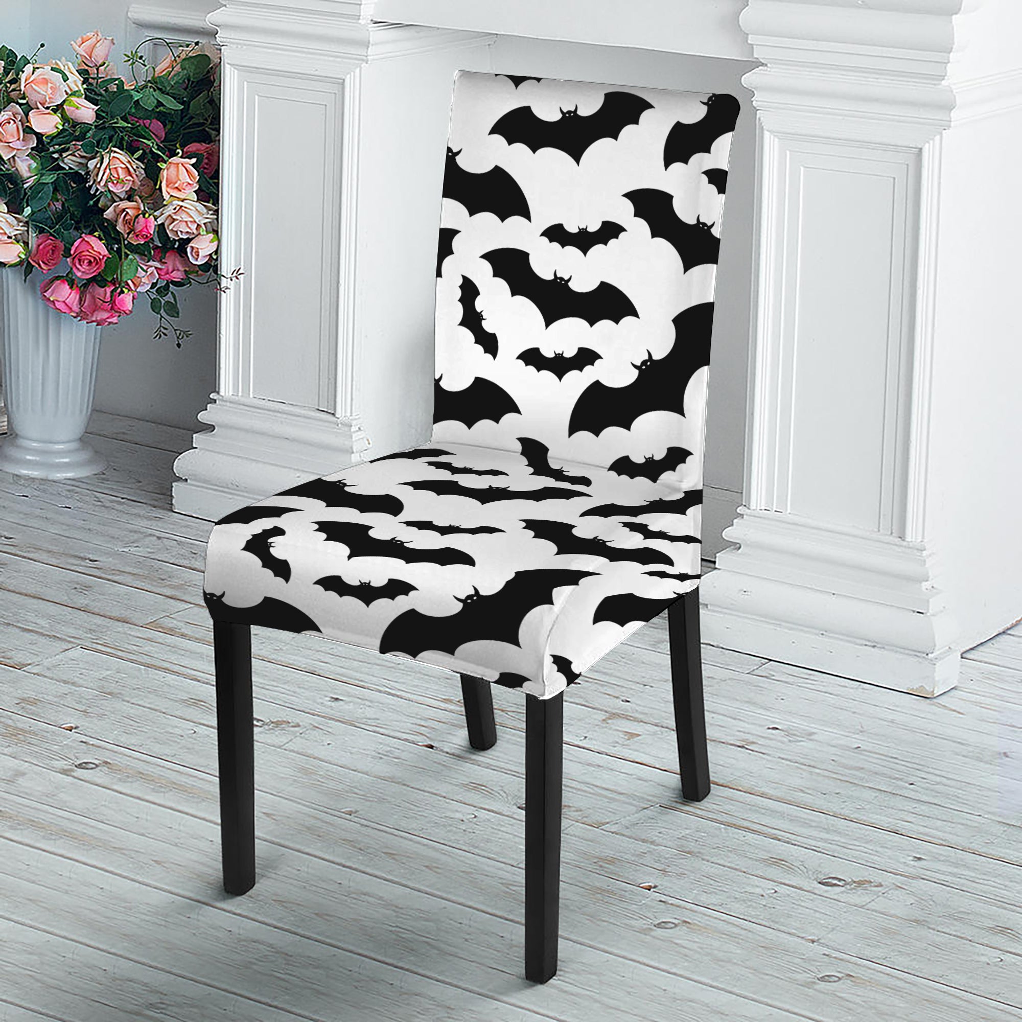 White And Black Halloween Bat Print Dining Chair Slipcover