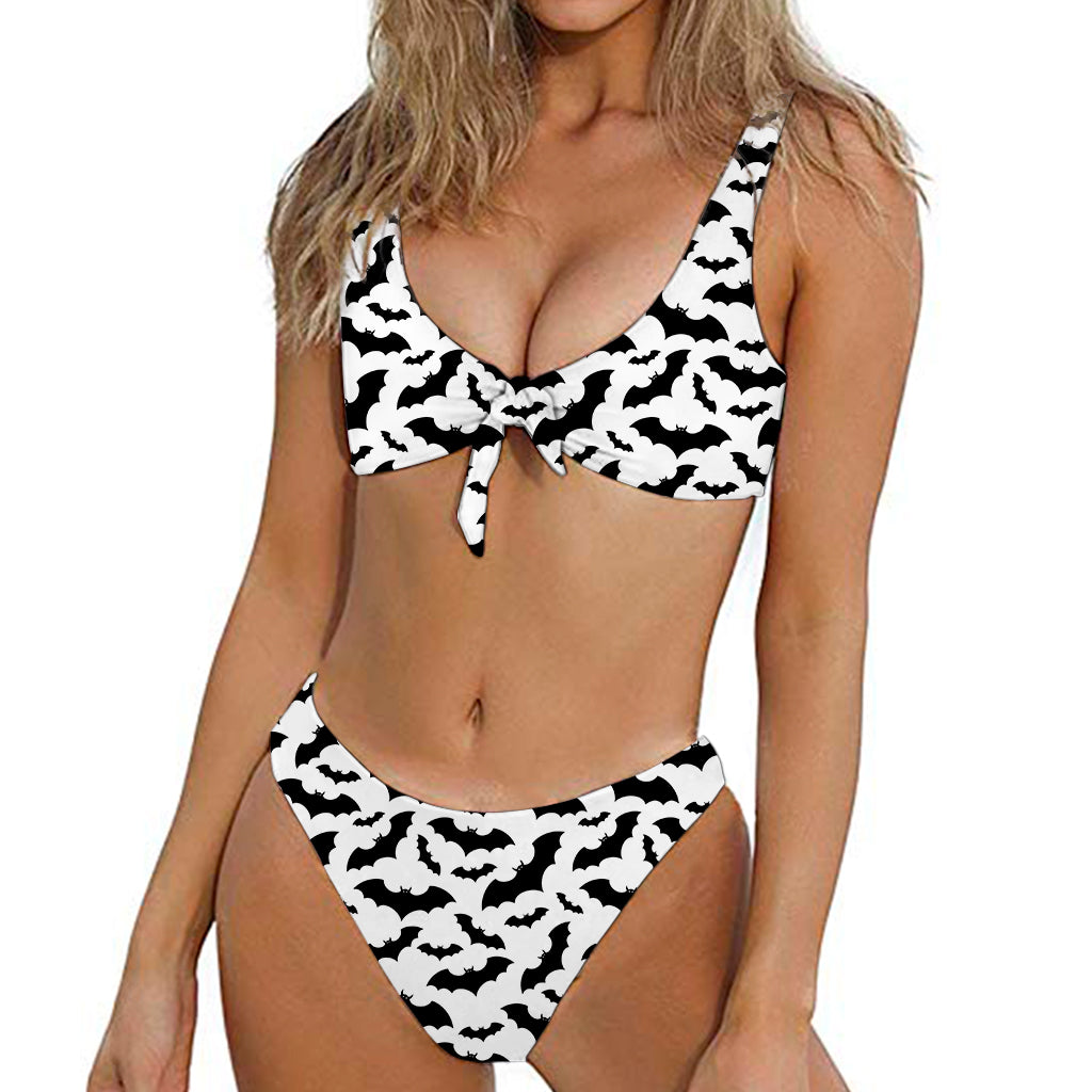 White And Black Halloween Bat Print Front Bow Tie Bikini