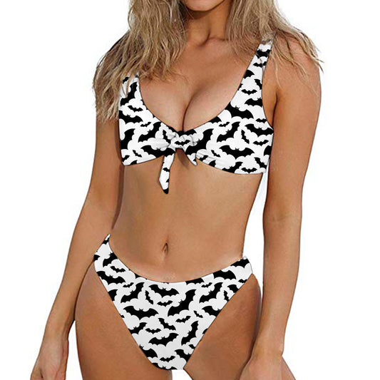 White And Black Halloween Bat Print Front Bow Tie Bikini