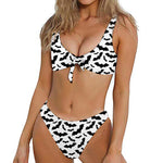 White And Black Halloween Bat Print Front Bow Tie Bikini