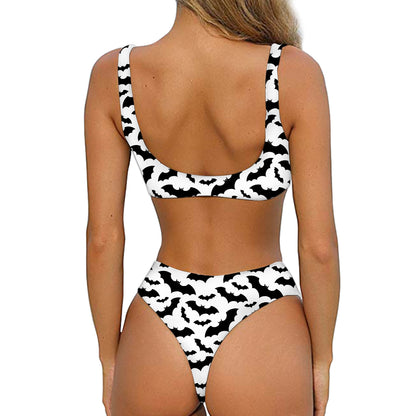 White And Black Halloween Bat Print Front Bow Tie Bikini