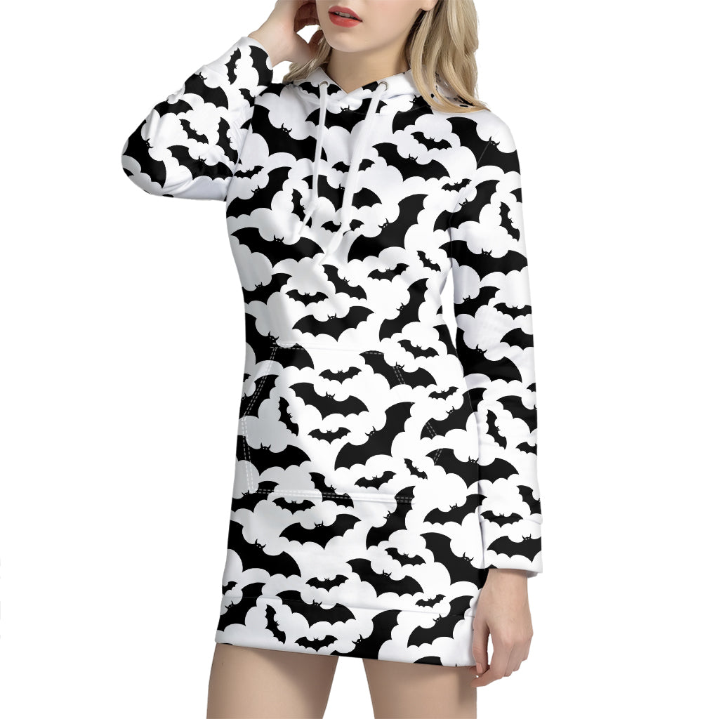 White And Black Halloween Bat Print Pullover Hoodie Dress GearFrost