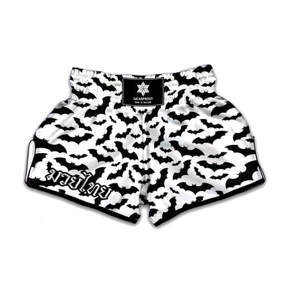 White And Black Halloween Bat Print Muay Thai Boxing Shorts
