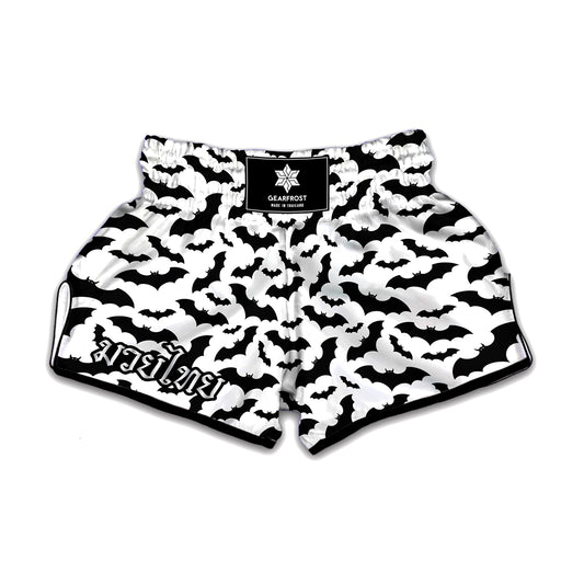 White And Black Halloween Bat Print Muay Thai Boxing Shorts