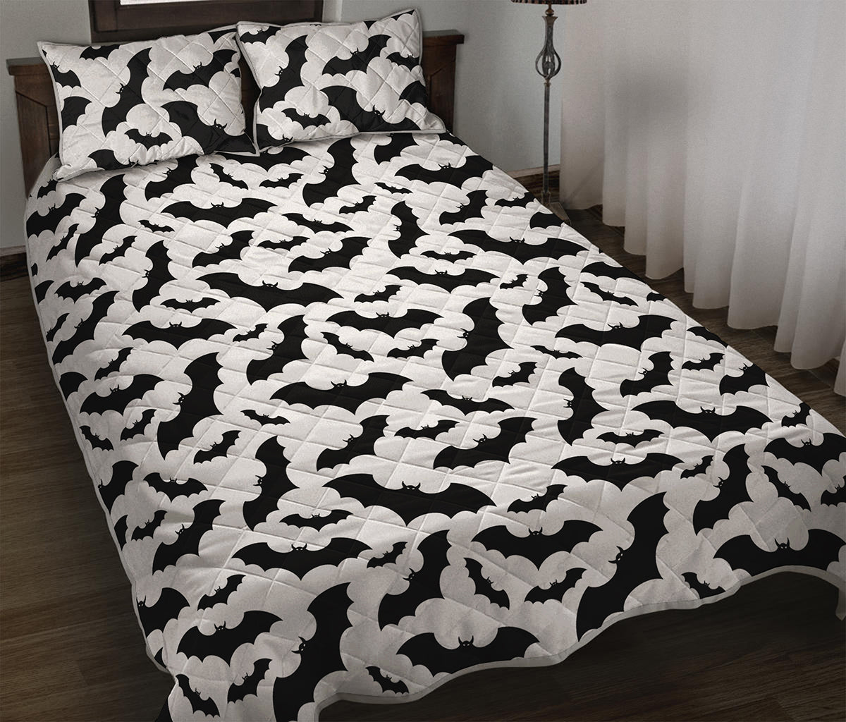 White And Black Halloween Bat Print Quilt Bed Set