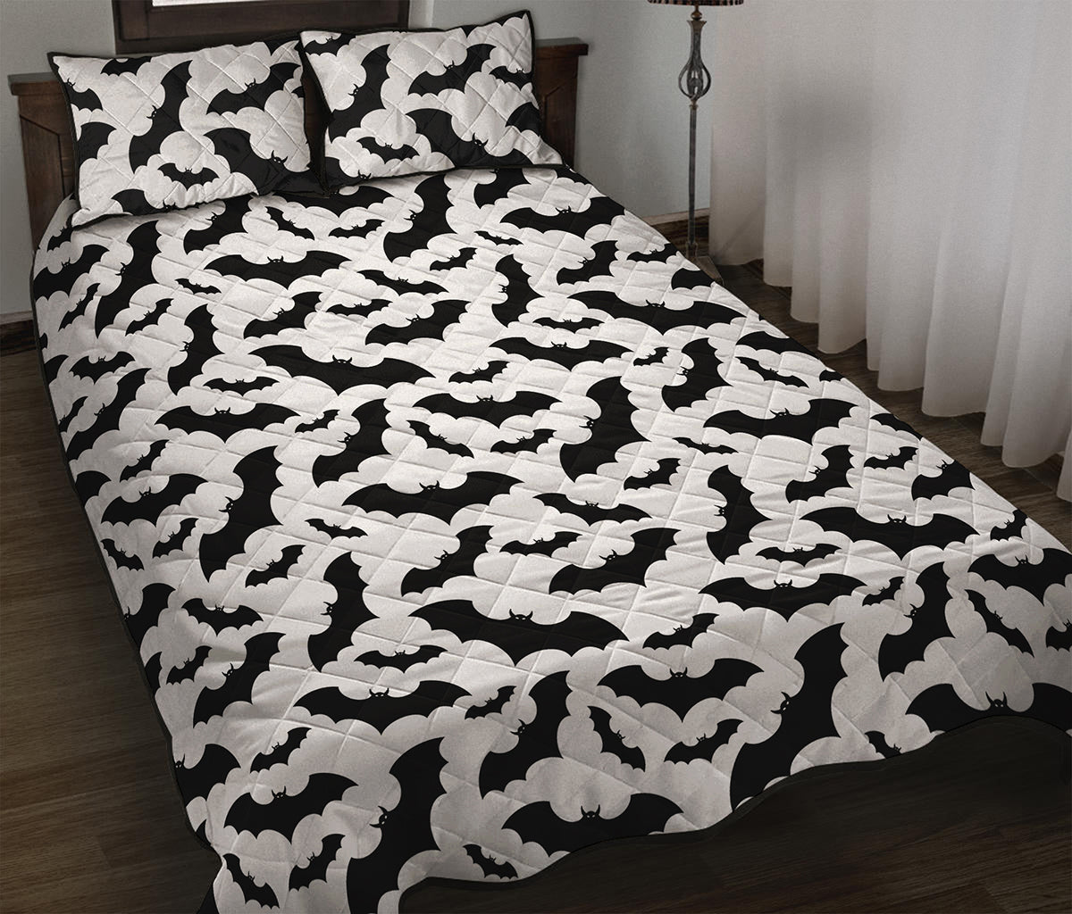 White And Black Halloween Bat Print Quilt Bed Set