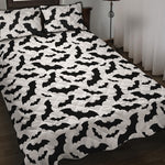 White And Black Halloween Bat Print Quilt Bed Set