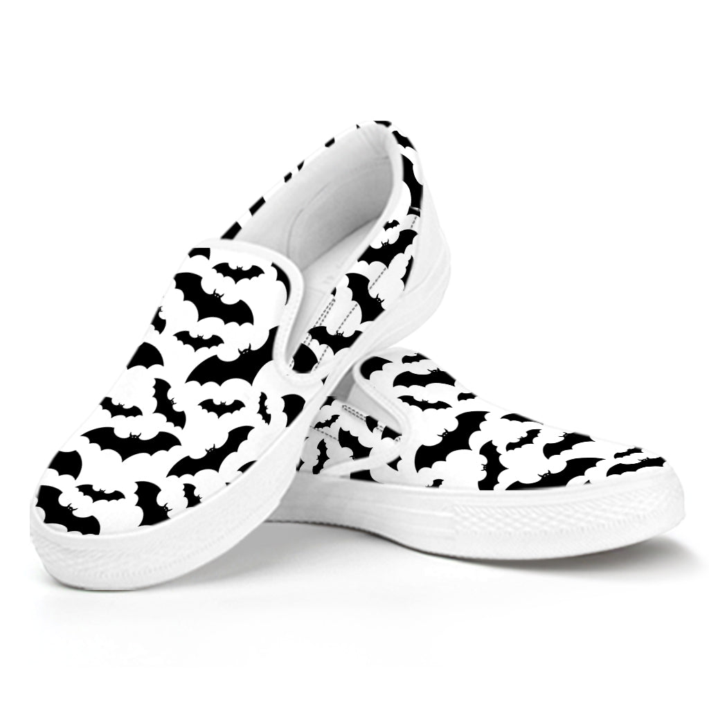 White And Black Halloween Bat Print White Slip On Shoes