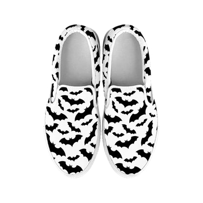 White And Black Halloween Bat Print White Slip On Shoes