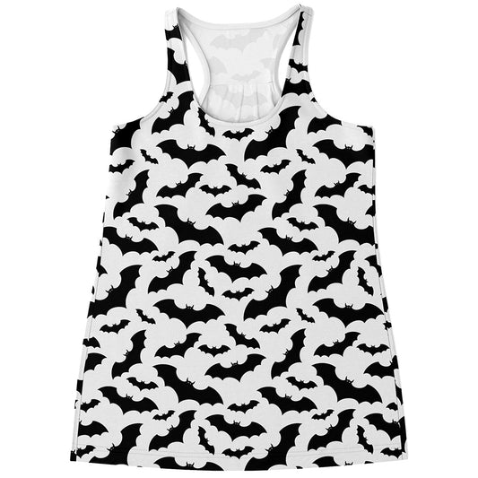 White And Black Halloween Bat Print Women's Racerback Tank Top