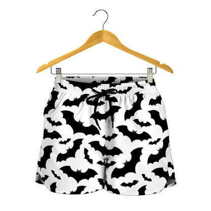 White And Black Halloween Bat Print Women's Shorts