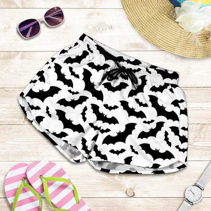 White And Black Halloween Bat Print Women's Shorts