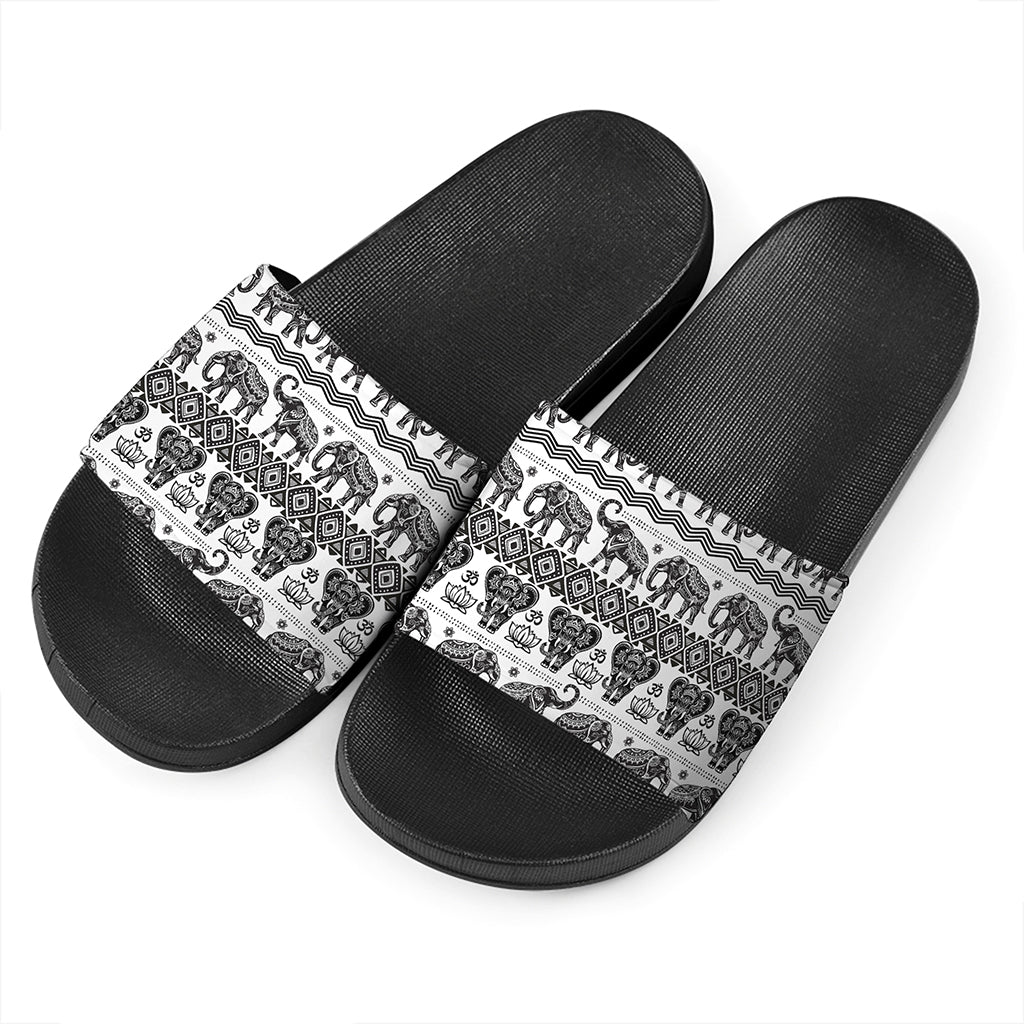White And Black Indian Elephant Print Black Slide Sandals