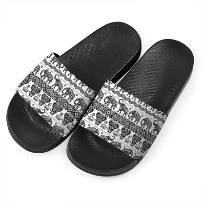 White And Black Indian Elephant Print Black Slide Sandals