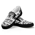White And Black Indian Elephant Print Black Slip On Shoes