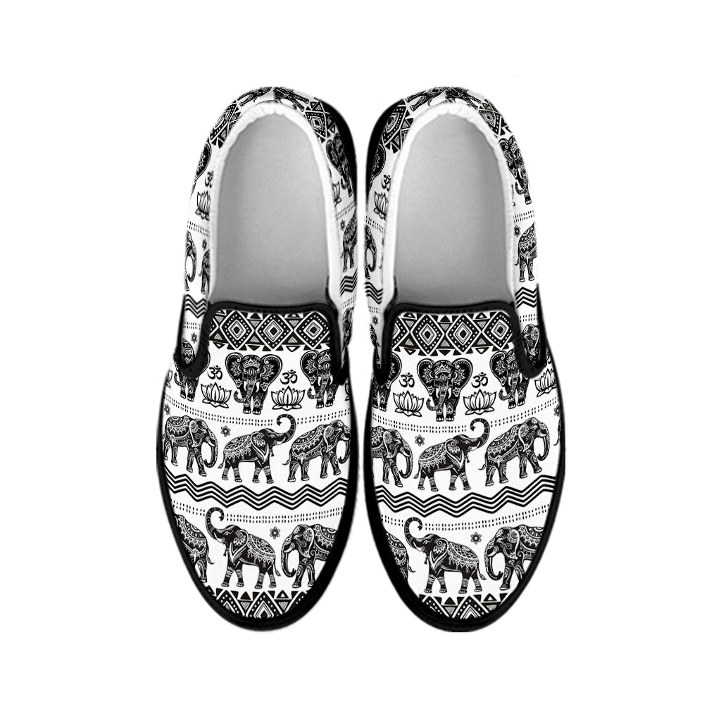White And Black Indian Elephant Print Black Slip On Shoes