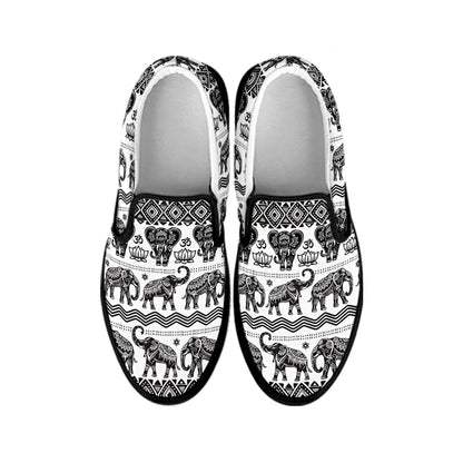 White And Black Indian Elephant Print Black Slip On Shoes