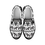 White And Black Indian Elephant Print Black Slip On Shoes