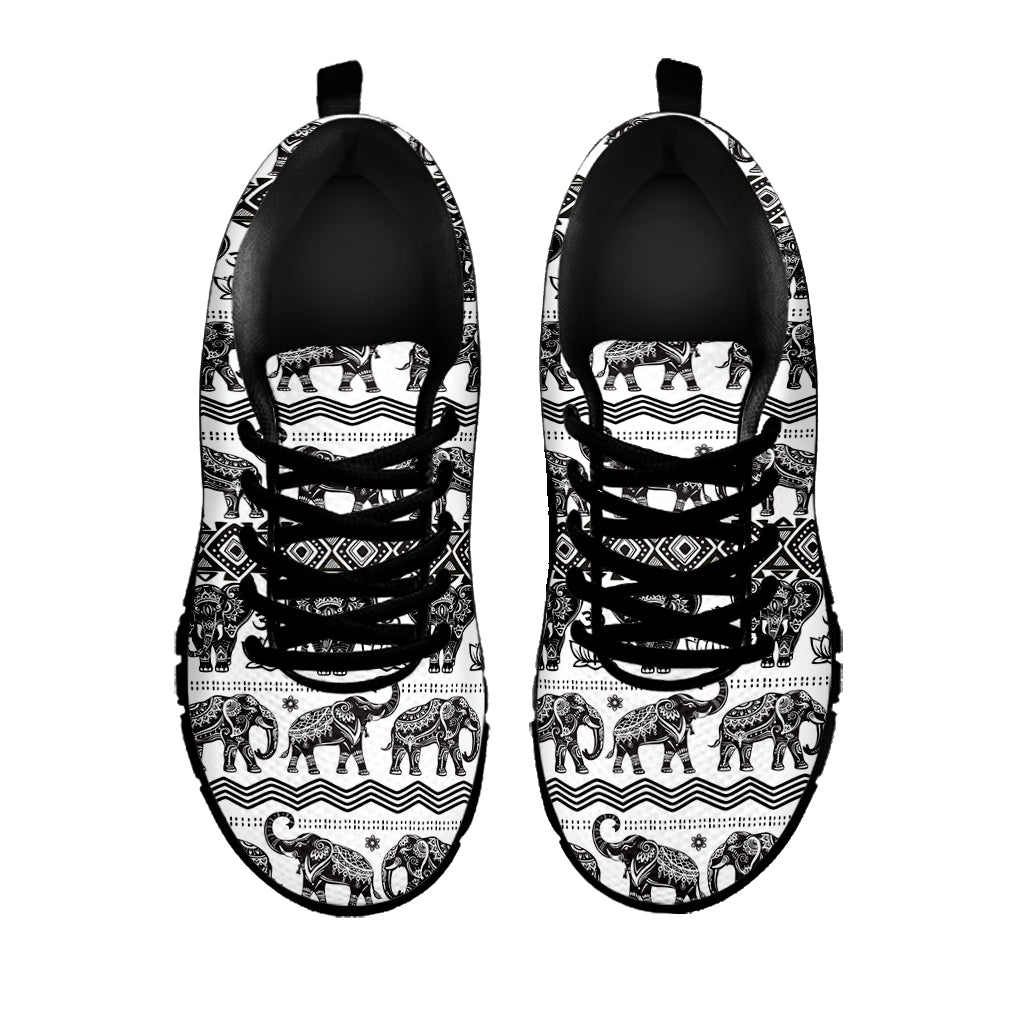 White And Black Indian Elephant Print Black Sneakers