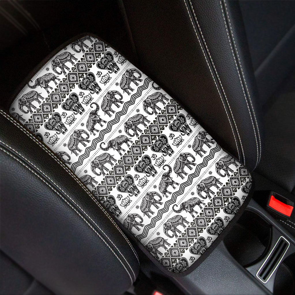 White And Black Indian Elephant Print Car Center Console Cover