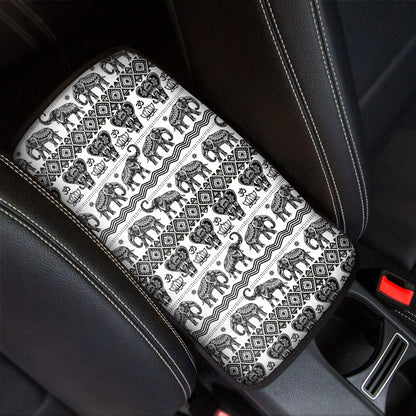 White And Black Indian Elephant Print Car Center Console Cover