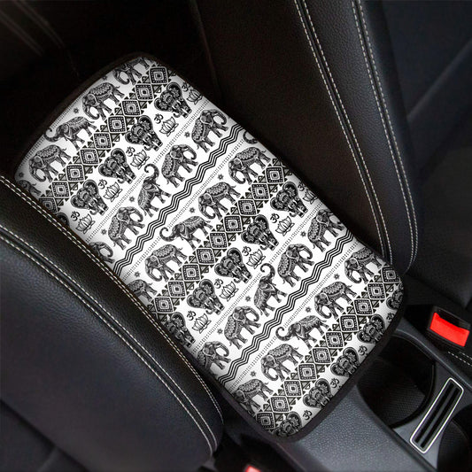 White And Black Indian Elephant Print Car Center Console Cover
