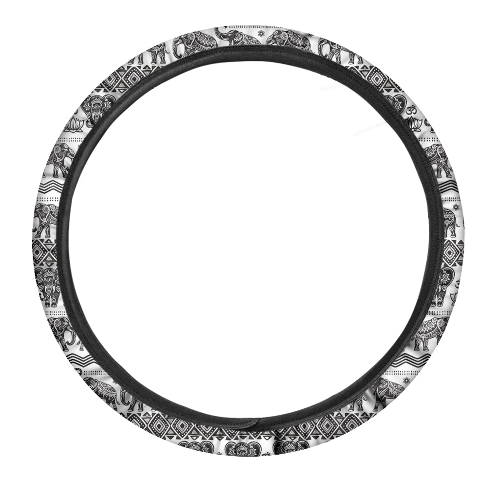 White And Black Indian Elephant Print Car Steering Wheel Cover