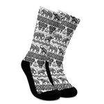 White And Black Indian Elephant Print Crew Socks