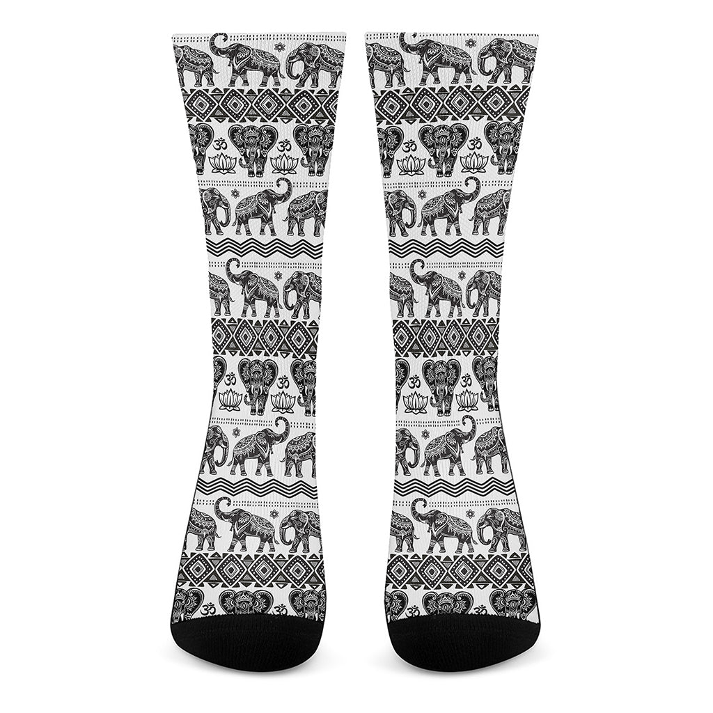 White And Black Indian Elephant Print Crew Socks