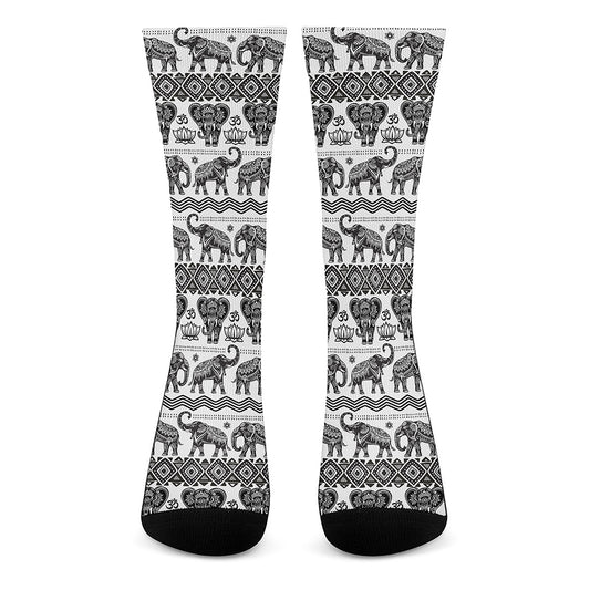 White And Black Indian Elephant Print Crew Socks