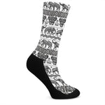 White And Black Indian Elephant Print Crew Socks