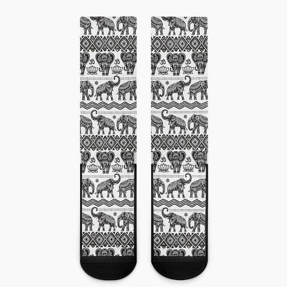 White And Black Indian Elephant Print Crew Socks