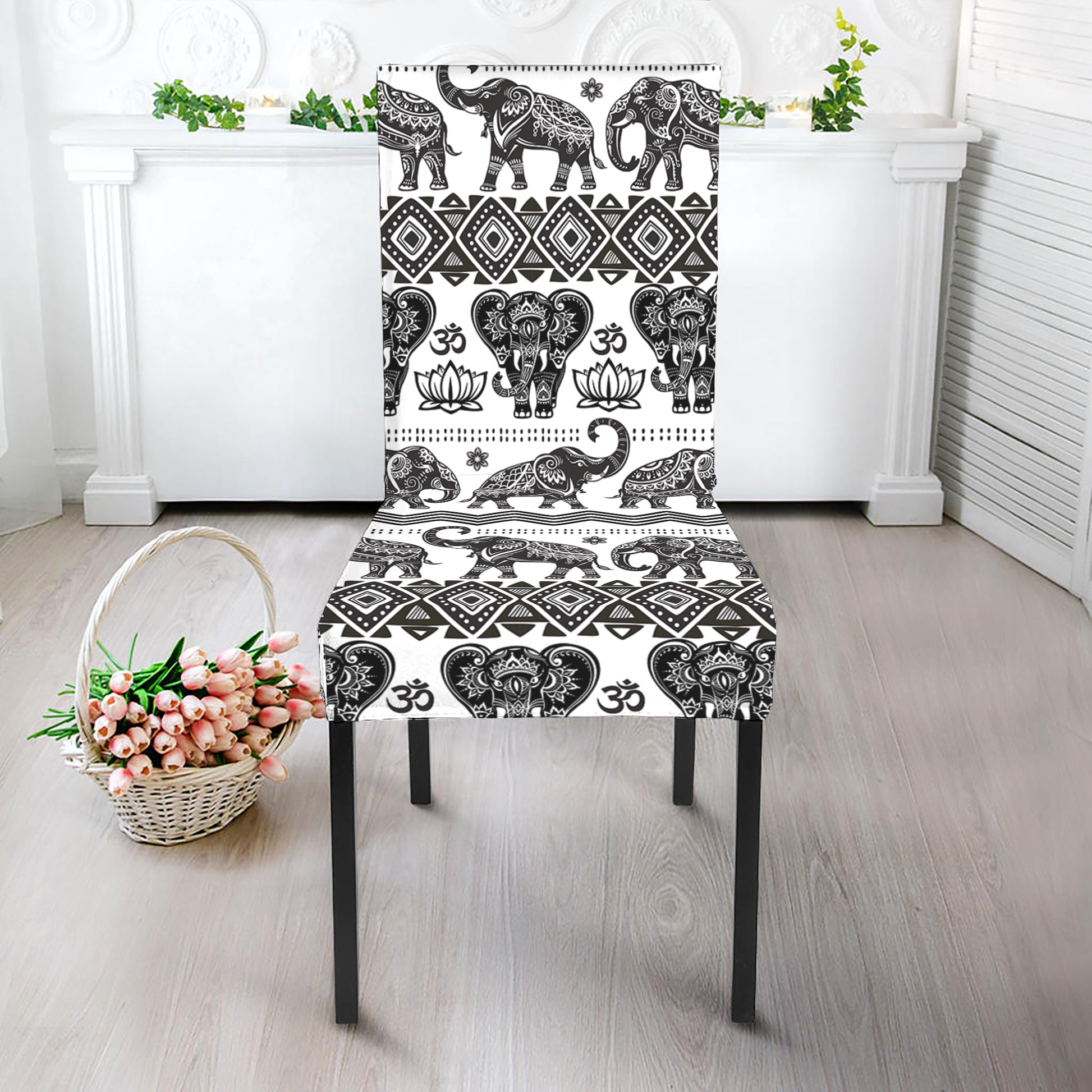 White And Black Indian Elephant Print Dining Chair Slipcover
