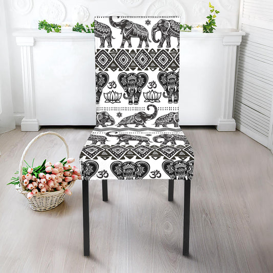 White And Black Indian Elephant Print Dining Chair Slipcover