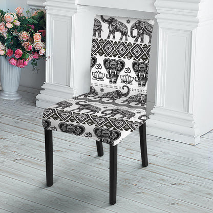 White And Black Indian Elephant Print Dining Chair Slipcover
