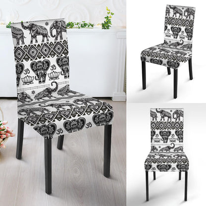 White And Black Indian Elephant Print Dining Chair Slipcover